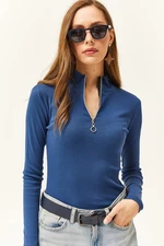 Olalook Women's Indigo Zipper Turtleneck Lycra Blouse