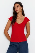 Trendyol Red Cotton Smocked V-Neck Slim Fit Knitted Blouse