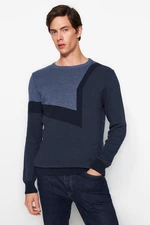 Trendyol Indigo Slim Fit Crew Neck Color Blocked Knitwear Sweater