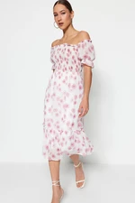 Trendyol Pink Woven Lined Chiffon Carmen Collar Gimped Midi Woven Dress