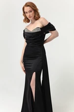 Lafaba Women's Black Bateau Neck Slit Long Satin Evening Dress.