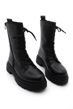 Marjin Women's Genuine Leather Boots Boots with Zipper and Lace-Up Thick Sole Daily Boots Viles Black.