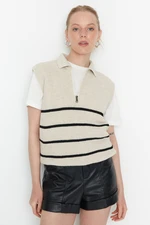 Trendyol Beige Zippered Striped Knitwear Sweater