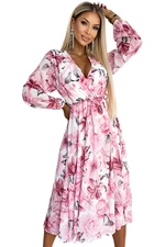 Chiffon midi dress with long sleeves and neckline - white with pale pink flowers