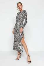 Trendyol Black Zebra Patterned Slit Skirt With Flounces Maxi Stretch Knit Dress