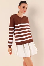 Bigdart 15820 Button Detailed Striped Sweater - Brown