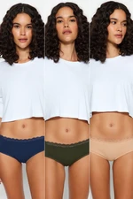 Trendyol Dark Green-Navy Blue-Nude 3-Pack Cotton Hipster Briefs With Lace Detail