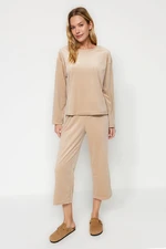 Trendyol Beige Soft Feeling Velvet Tshirt-Capri Knitted Pajamas Set