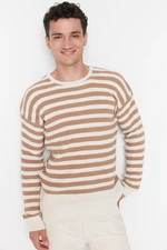 Trendyol Stone Men's Oversize Fit Wide Fit Crew Neck Striped Knitwear Sweater.