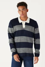 AC&Co / Altınyıldız Classics Men's Navy Blue-gray Standard Fit Regular Cut Polo Neck Striped Raised Soft Textured Knitwear Sweater