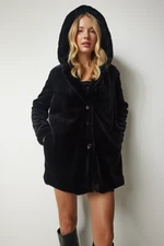 Happiness İstanbul Women's Black Hooded Oversized Shearling Plush Coat