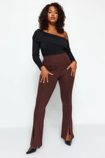 Trendyol Curve Brown Knitted Leggings with Rib Stitching Detail and Slit