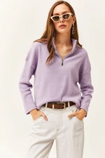 Olalook Women's Lilac Zipper High Neck Raised Sweater