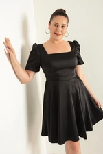 Lafaba Women's Black Balloon Sleeve Flared Cut Mini Plus Size Satin Evening Dress