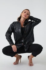 Lafaba Women's Black Faux Leather Shirt