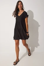 Happiness İstanbul Women's Black V-Neck Flared Knitted Summer Dress