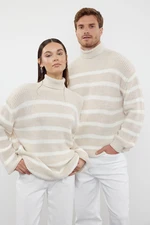 Trendyol Beige Casual Oversize Turtleneck Striped Knitwear Sweater