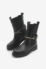 Marjin Women's Genuine Leather Casual Boots With Elastic Side Straps, Gold Chain Buckle Lorve black.