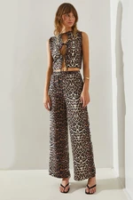 Bianco Lucci Women's Piping Detailed Leopard Patterned Vest Trousers 9260 Bottom-Top Set