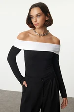 Trendyol Black Black-White Cotton Color Blocked Carmen Collar Crop/Short Knitted Blouse