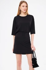 armonika Women's Black Gathered Waist Oversize Short Sleeve Skirt Tight Mini Dress