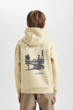 DEFACTO Boy Beige Regular Fit Hooded Back Printed Thick Sweatshirt