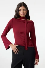 Trendyol Burgundy Shawl Detailed Fitted/Fits on the Body Flexible Knitted Blouse