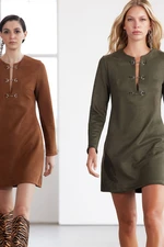 Trendyol Limited Edition Khaki Accessory Detailed Suede Mini Winter Woven Dress