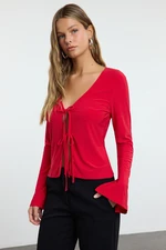 Trendyol Red Body-Sit Regular/Normal Pattern Elastic Knitted Blouse with Tie Detail