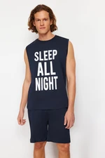 Trendyol Navy Blue Slogan Printed Regular Fit Pajama Set with Knitted Shorts