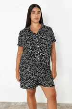 Trendyol Curve Black Floral Patterned Shirt Collar Knitted Pajama Set