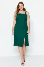 Trendyol Curve Emerald Green Square Neck Thick Strap Summer Woven Slit Midi/Mid Length Dress