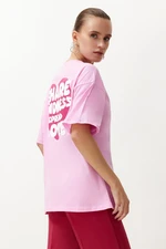 Trendyol Pink 100% Cotton Back and Front Heart Printed Oversize/Relaxed Fit Knitted T-Shirt