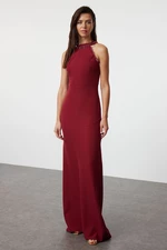 Trendyol Burgundy Fitted Woven Shiny Stone Long Evening Dress