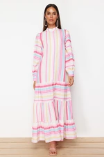 Trendyol Pink Striped Skirt Ruffled Linen Look Woven Dress