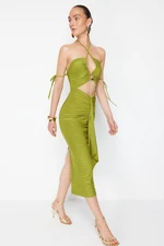 Trendyol X Zeynep Tosun Oil Green Elegant Evening Dress with Knitted Window and Accessory Detail