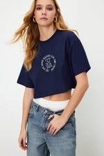 Trendyol Navy Blue 100% Cotton Embroidered Crop Crew Neck Knitted T-Shirt