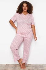 Trendyol Curve Pink Buttoned Floral Pattern Knitted Pajamas Set