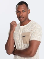 Ombre Men's cotton t-shirt with letter print and pocket - cream and brown