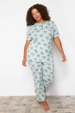 Trendyol Curve Mint Buttoned Flower Patterned Knitted Pajamas Set