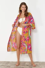 Trendyol Ethnic Pattern Belted Midi Woven 100% Cotton Kimono & Kaftan