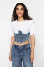 Trendyol White Denim Detailed Crop Padded Knitted Blouse