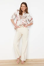 Trendyol Beige Floral Print Premium Oversize/Creature Satin Woven Shirt