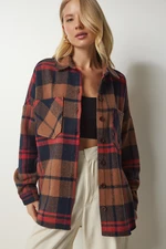 Happiness İstanbul Women's Brown Navy Blue Patterned Oversized Stamp Lumberjack Shirt