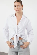 Trendyol White Collar Woven Poplin Shirt with Stone Accessories