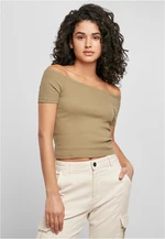 Women's t-shirt in khaki color with a stretched shoulder