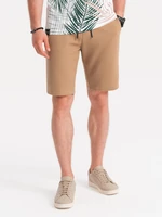 Ombre Men's knitted shorts with decorative elastic waistband - light brown