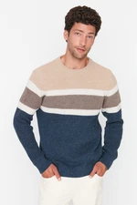 Trendyol Beige Slim Fit Wool Crew Neck Panelled Color Block Knitwear Sweater