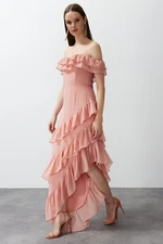 Trendyol Dusty Rose Ruffle Woven Chiffon Long Evening Evening Dress