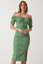 Happiness İstanbul Women's Green Patterned Gathered Knitted Dress